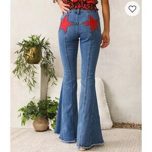 Saint & Hearts Star Back Bell Bottom Jeans- Medium- Y2K Retro Flare Denim- Red